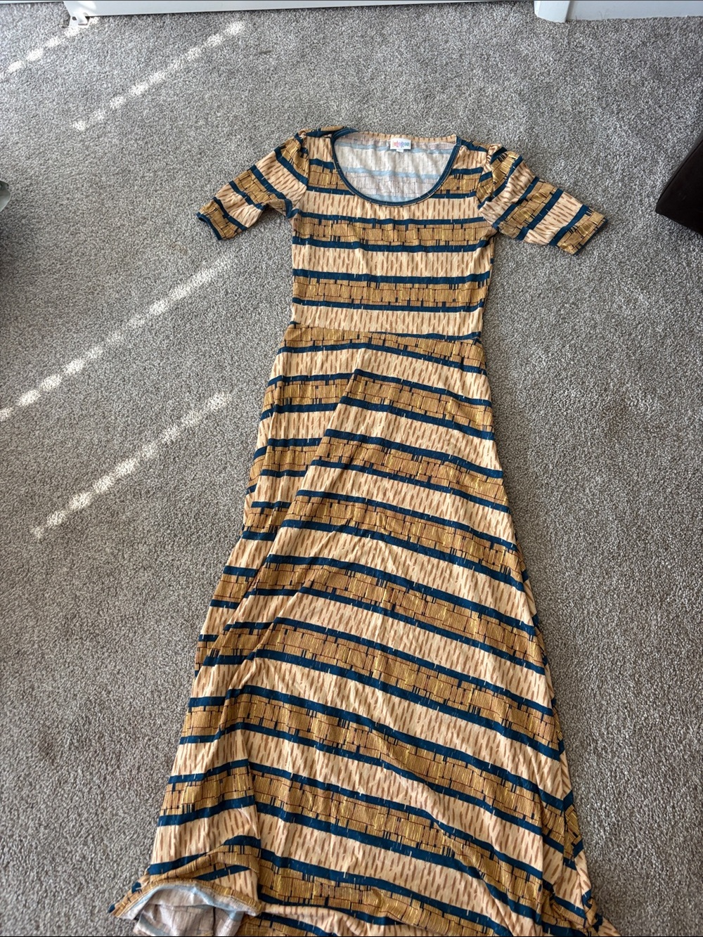 LuLaRoe Striped Maxi Dress in Mustard and Navy